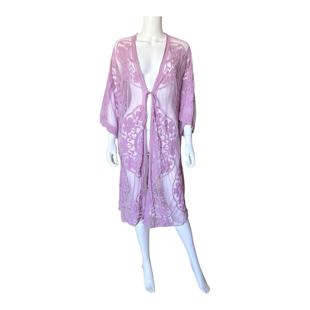 Forgotten Grace Kimono Womens XL Purple Sheer Lace Longline Duster Tie Front